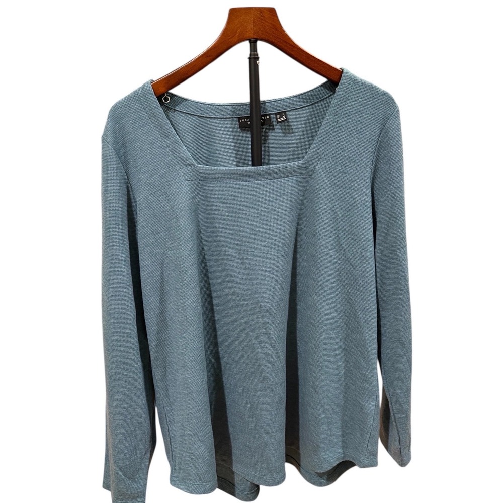Comfy Cozy Susan Graver Weekend Blue Textured Long‎ Sleeve Square Neck Top L